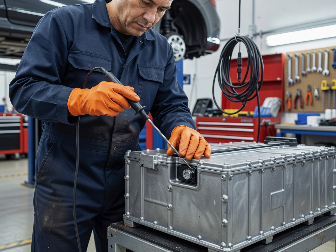 Automotive technician using an insulated diagnostic probe near an electric vehicle battery casing