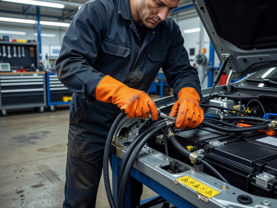 Certified electric vehicle workshop technician wearing orange insulated 1000V gloves checking battery cables
