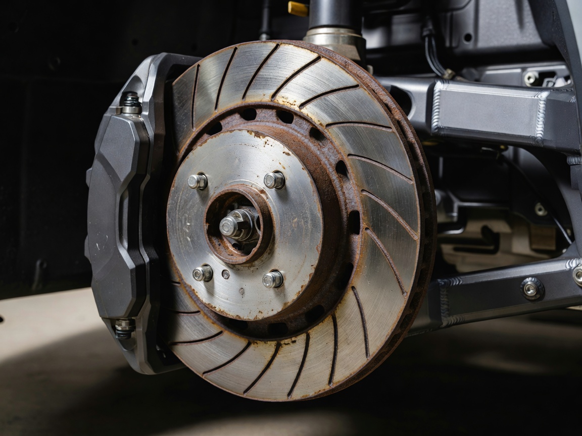 Close-up of modern ventilated automotive disc brake assembly showing corrosion rings on an electric vehicle