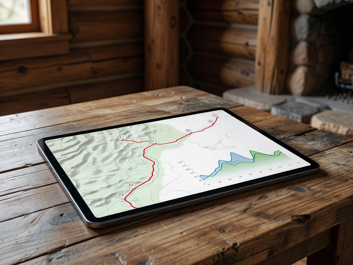 Digital tablet showing route waypoints and elevation profiles on a wooden cabin table