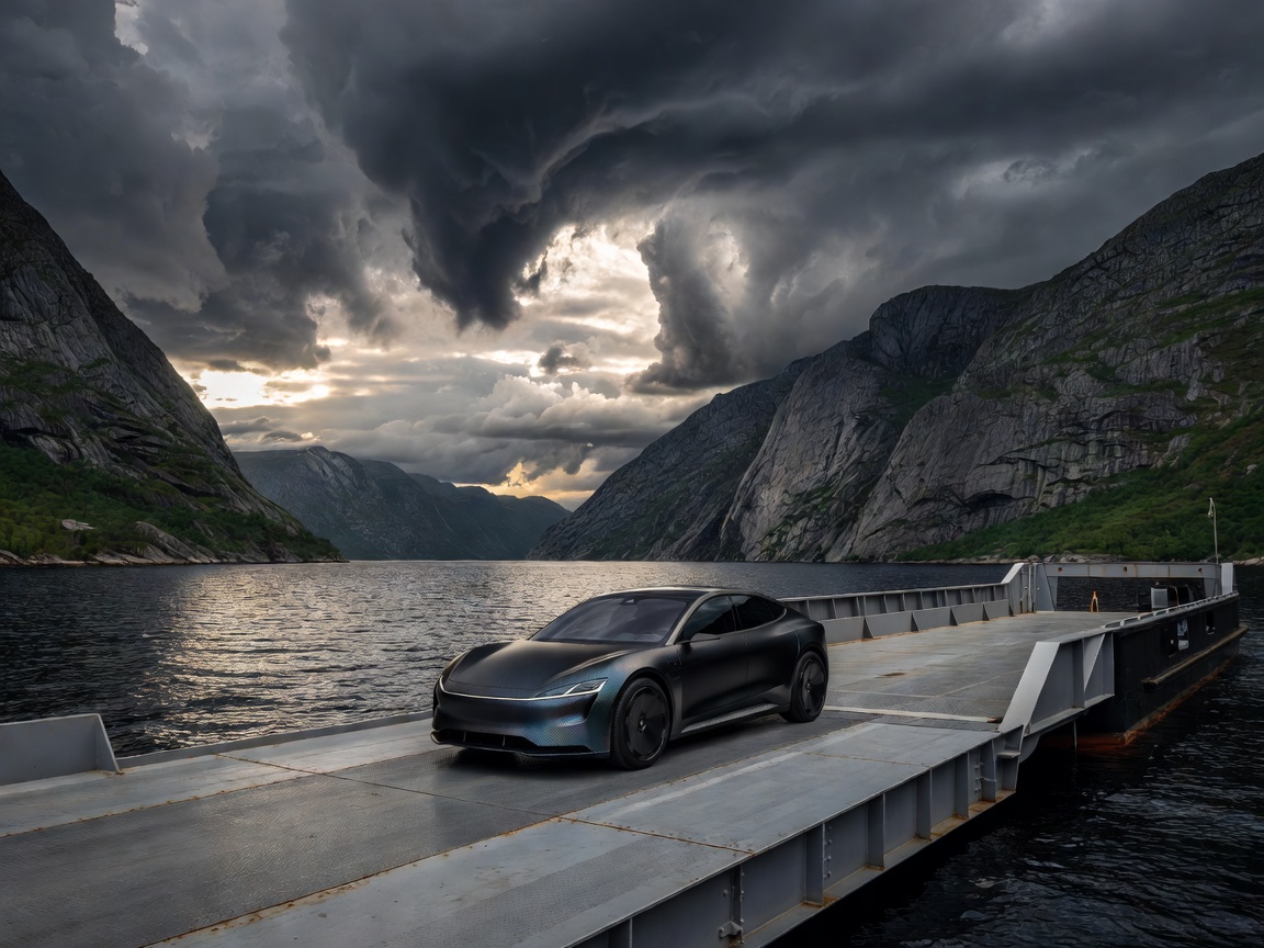 Electric vehicle lining up on a car ferry ramp crossing a Norwegian fjord under dramatic clouds