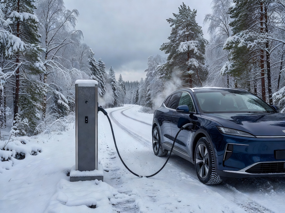Electric vehicle plugged into an outdoor rapid charging hub along a snowy Scandinavian route