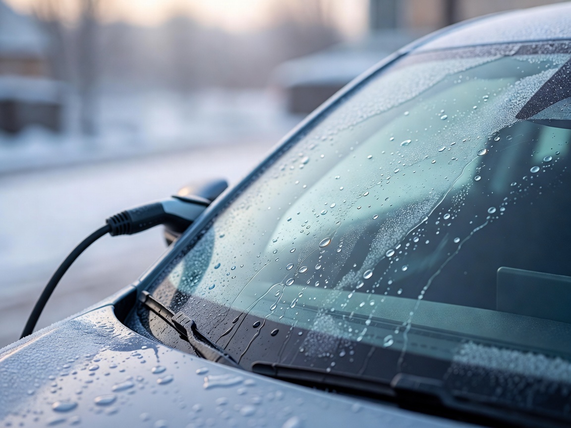 Frost melting cleanly off an electric vehicle windshield during an automated mains-connected preheat cycle