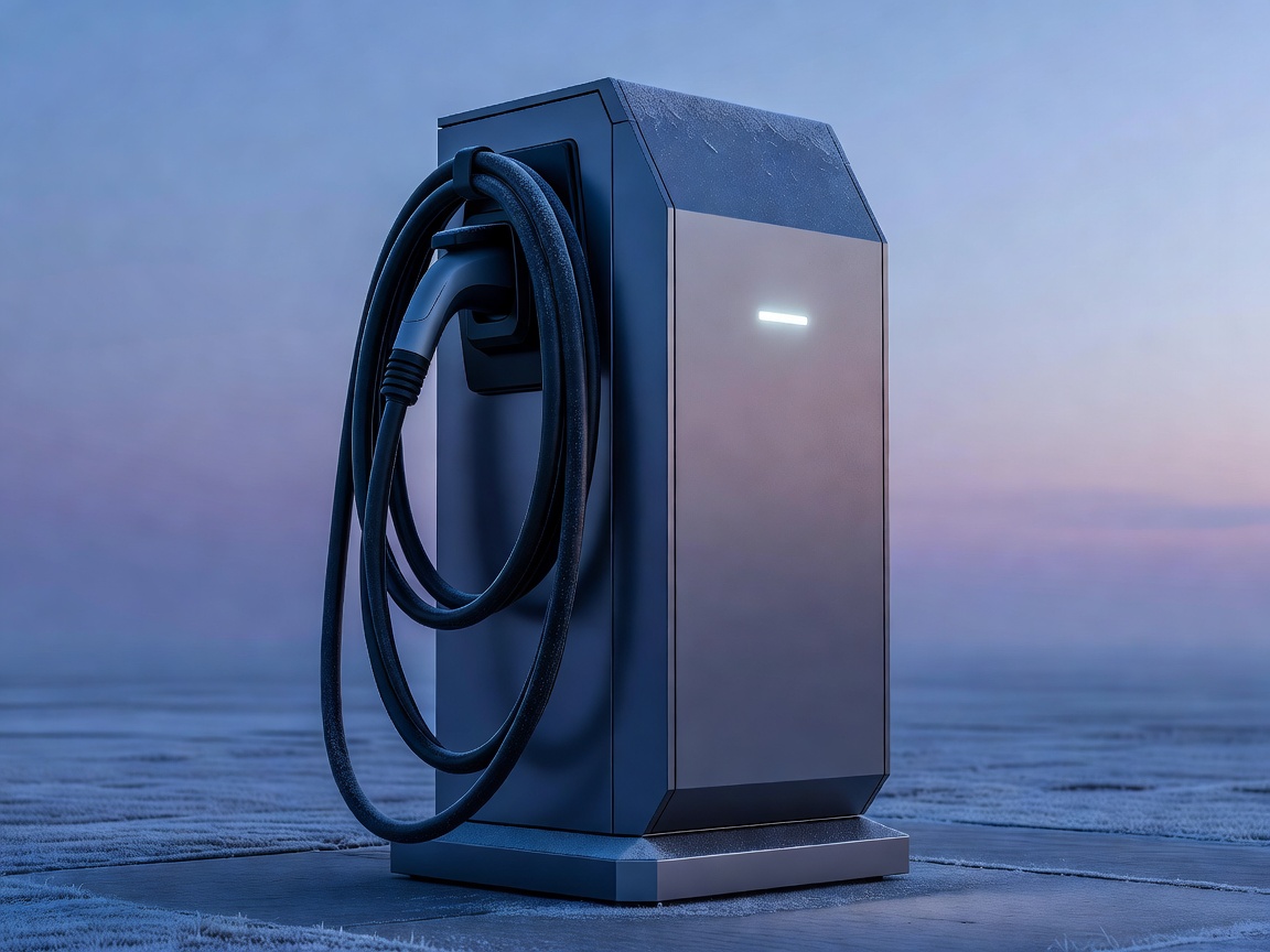 High power DC public charging pedestal with thick liquid-cooled cable in frosted twilight