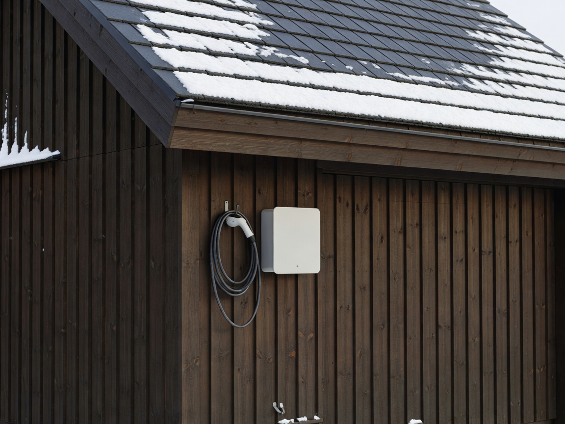 Home wallbox mounted on a dark timber Scandinavian garage exterior with snow dusting the roof