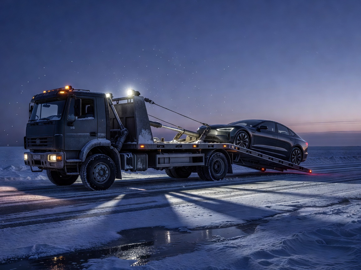 Hydraulic flatbed recovery truck pulling an electric car onto its slidebed platform in winter twilight