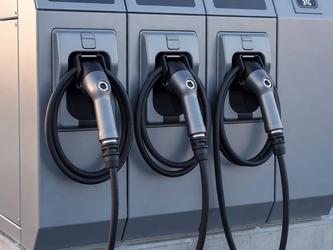 Liquid-cooled high voltage charging connectors arranged neatly on a commercial Nordic power dispenser