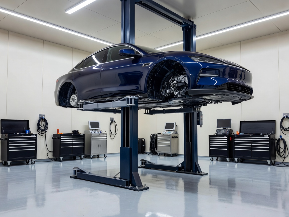 Modern clean automotive service bay with an electric car raised on a hydraulic inspection hoist