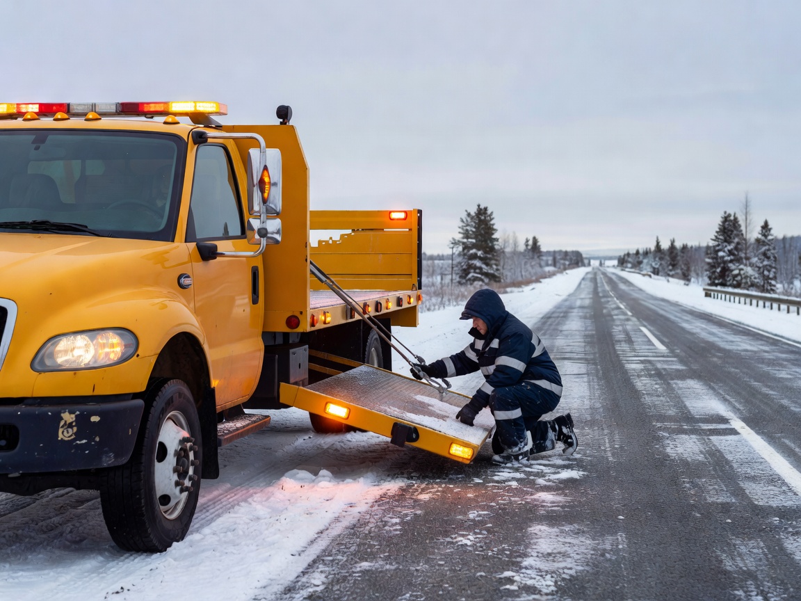 Roadside assistance vehicle with warning lights preparing a flatbed platform on a snow-dusted road