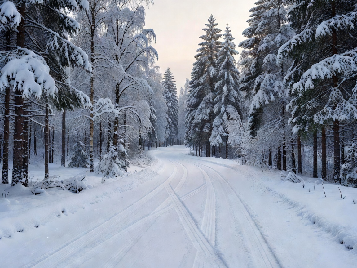 Scenic snow-covered Scandinavian forest road with modern electric car tracks visible on the packed surface