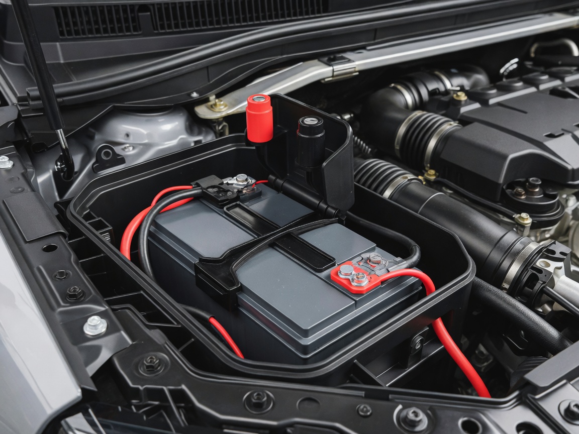 Under-bonnet auxiliary 12V lithium-iron battery compartment and emergency terminal jump points