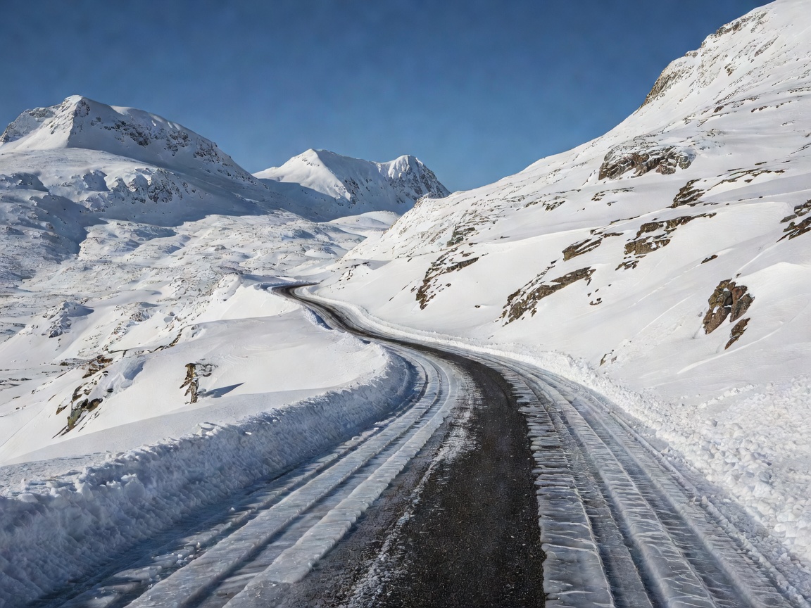 Winding Scandinavian mountain pass cleared of heavy snow with clear ice ruts along the edges